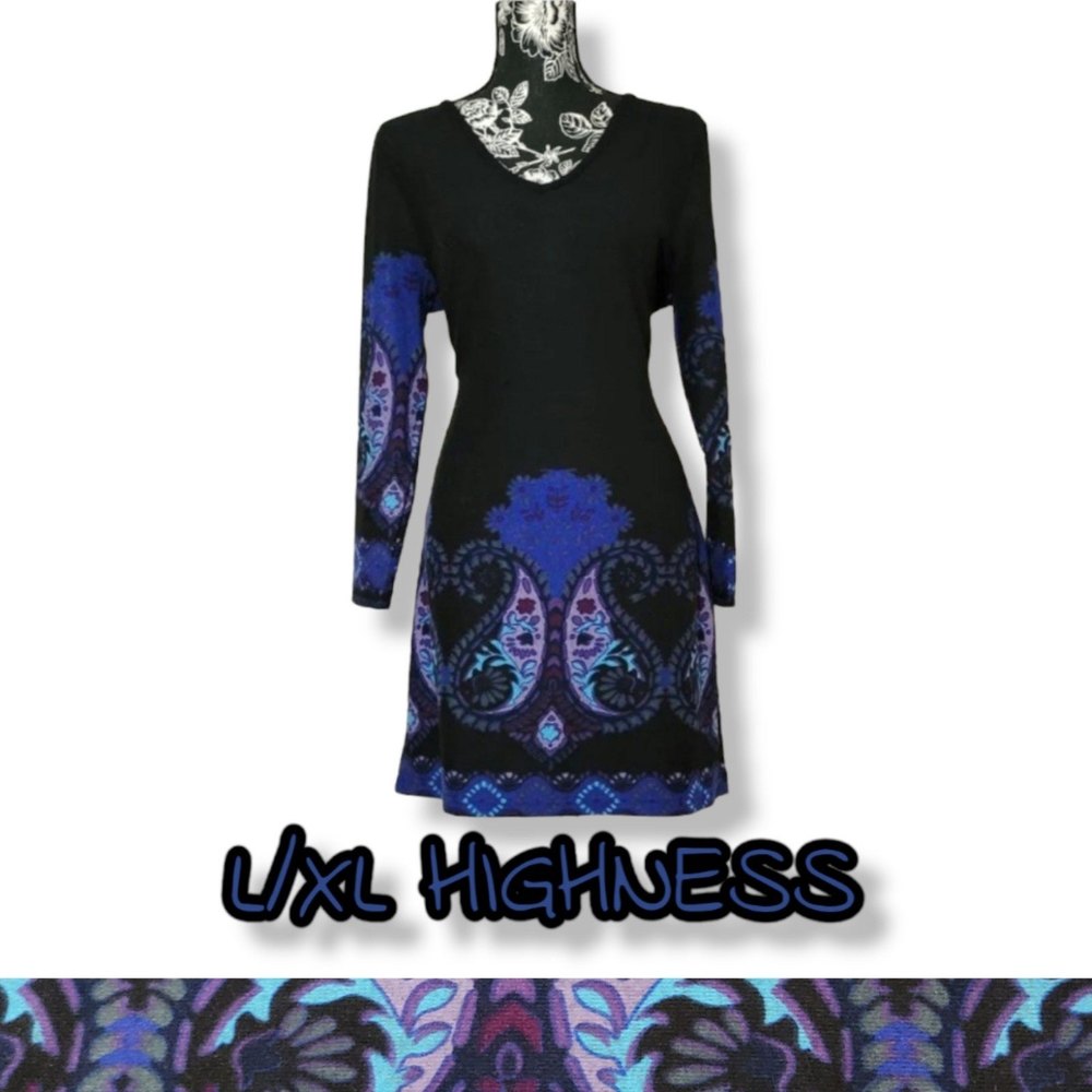 Highness boho Sweater tunic dress Paisley L/XL  Black & Blue
